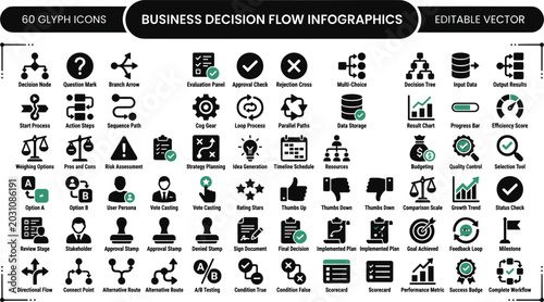 Business Decision Flow Infographics Glyph Icons Set for Strategy Planning, Approval Workflow, Evaluation, and Management Design