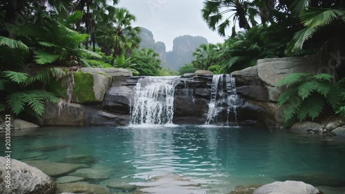 Tropical waterfall landscape with a turquoise pool, lush green palm trees, ferns, and rocky cliffs in the background