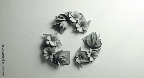 Recycling symbol with flowers and leaves, eco-friendly concept, nature and sustainability