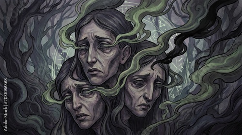 Surreal digital painting of three sorrowful women heads emerging from dark swirling smoke.