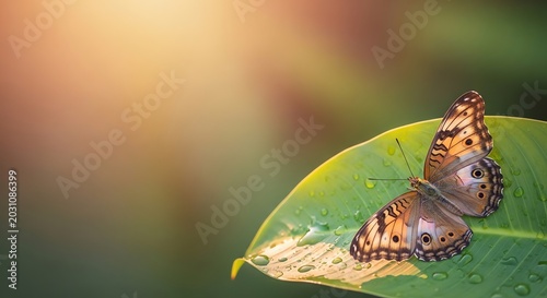Butterfly on Wet Leaf with Sunlight, Macro Nature Photography