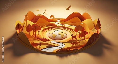 Eco-friendly landscape with earth, wind turbines, animals, and river in paper art style
