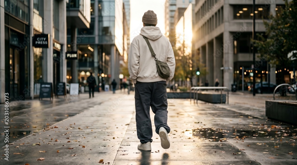 Fototapeta premium Rear view of a man walking down a wet city street with fallen autumn leaves during golden hour