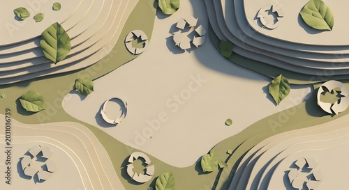Abstract layered landscape with leaves and shadows, eco-friendly design concept