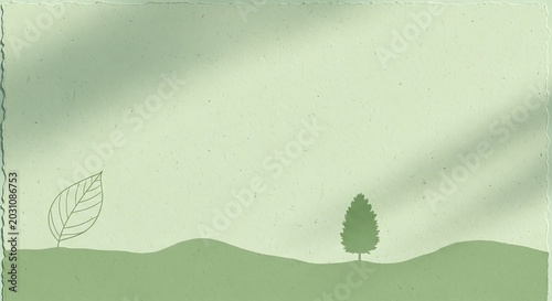 Minimalist Green Landscape with Single Tree and Leaf Silhouette