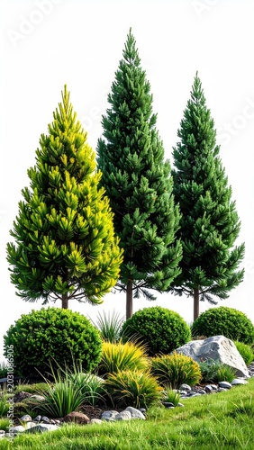 Three conical evergreens and manicured shrubs form a vibrant garden display