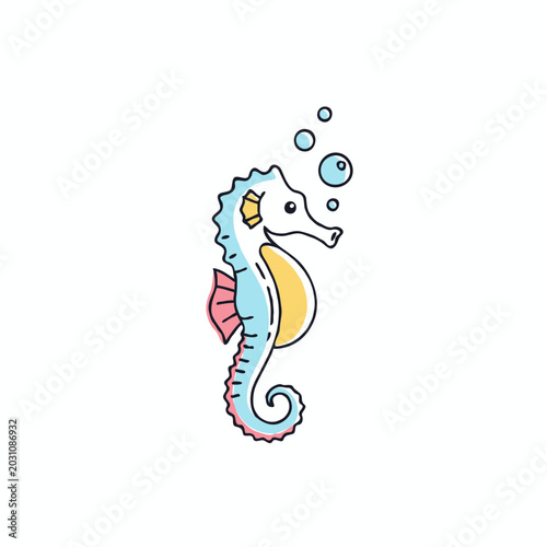 Cute seahorse illustration with bubbles on white background, from a children's vector series.