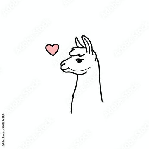 Cute llama portrait with heart on white background, from a children's vector series.