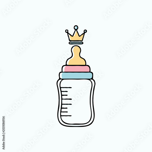 Baby bottle with crown icon on pastel background, from a children's vector series.