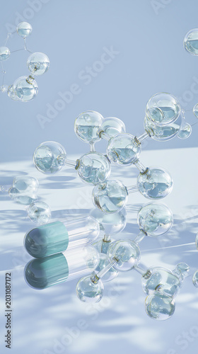 Medical background with transparent glass molecular structures and green and white drug capsule, on light blue background