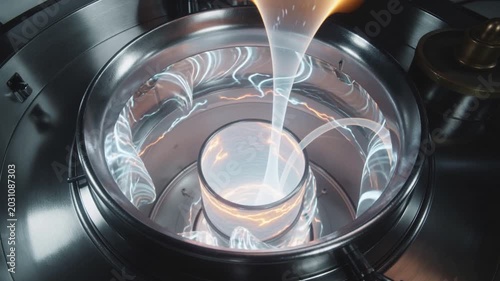 Molten glass being poured into a hightech industrial crucible for precision manufacturing and material science research