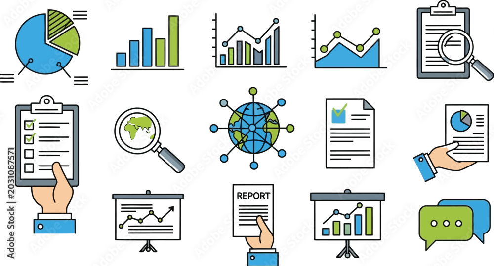 Fototapeta premium Business data analysis and financial report icon set with isolated flat line chart graph and presentation symbolsBusiness data analysis and financial report icon set with isolated flat line chart grap
