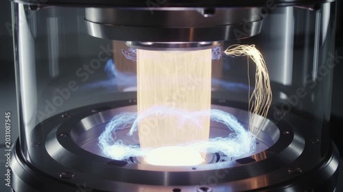 Futuristic laboratory equipment with glowing plasma energy cylinder and electrical discharge inside a glass vacuum chamber