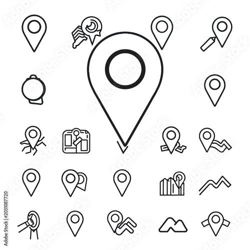 Set of line icons representing location pointers and navigation elements