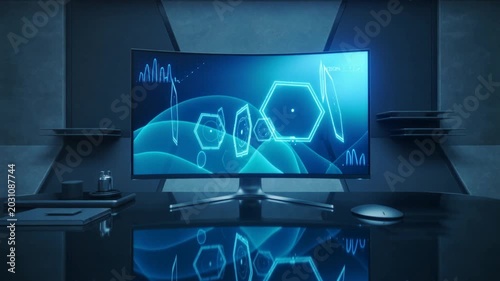 Futuristic curved computer monitor displaying digital holographic interface on a sleek dark desk in a modern hightech office environment