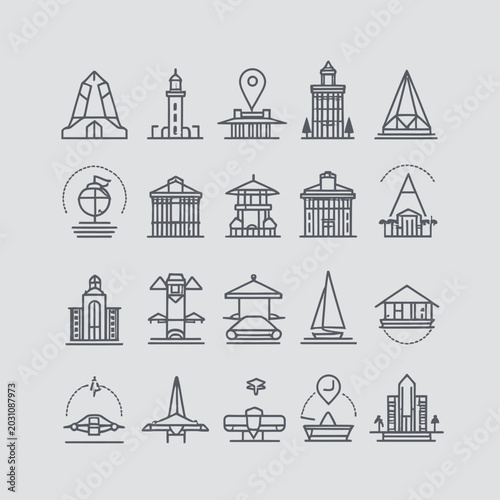 Collection of architectural landmark and transport line icons with building
