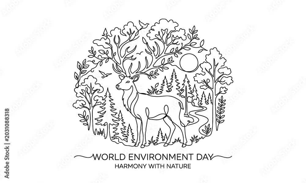 Obraz premium Minimalist deer illustration surrounded by forest trees and nature elements for world environment day isolated on transparent background, Vector silhouette one line art design editable