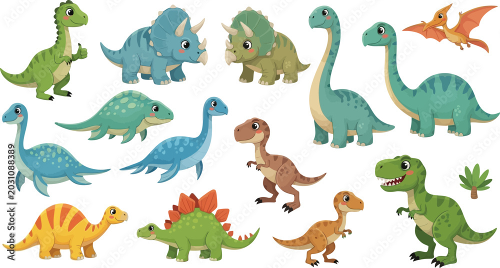 Obraz premium Cute cartoon dinosaur vector illustration set with isolated baby t-rex triceratops stegosaurus and brachiosaurus characters on white backgroundCute cartoon dinosaur vector illustration set with isolat