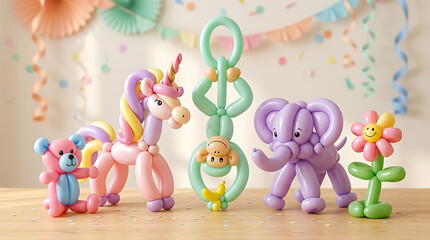 Colorful balloon animal figures on wooden table for children's party  
