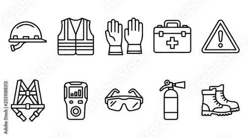 Schilderij op canvas Collection of safety equipment icons for work and industry.