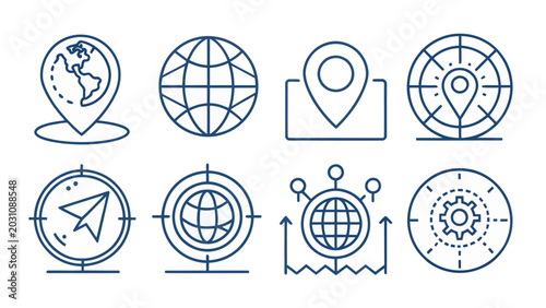 Line art icons representing global positioning navigation location tracking