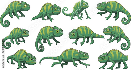 Canvas Print Cute green chameleon character collection with cartoon lizard animals in various