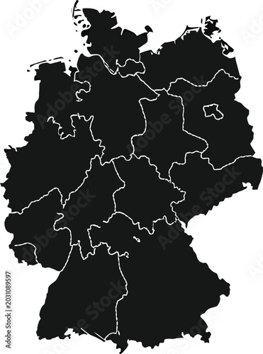 Minimalist black and white vector map of Germany with federal state borders