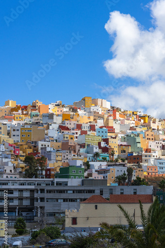 Traditional colorful canary architecture on a steep hill in Las Palmas de Gran Canaria