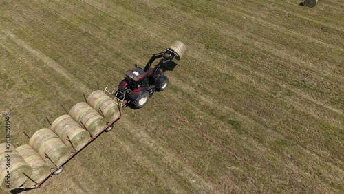 Bild auf Leinwand Tractor Collecting Hay Bales in Field: A red tractor with a mechanical arm collects round hay bales from a mowed field, transporting them to a trailer