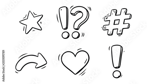Hand drawn icons set with star, question mark, hashtag, arrow, heart, exclamation mark