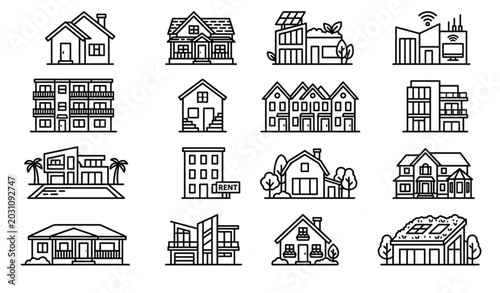 Photos Minimal residential house line icon collection with architectural home and apart