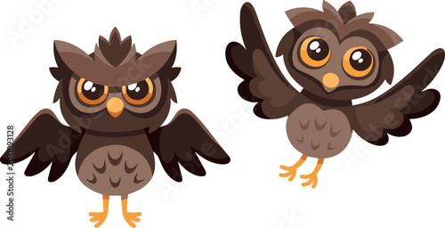 Tableau sur toile Cute Cartoon Little Owl Character Vector Set Featuring Standing and Flying Poses