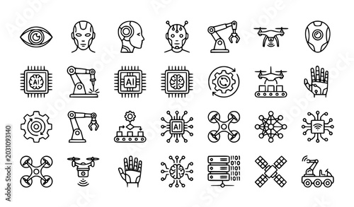 Tablou pe pânză Cute black and white robot icon vector set with playful robotics and futuristic