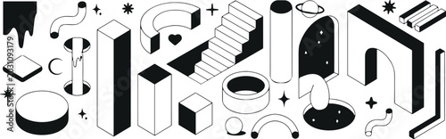 Abstract Black and White Isometric Geometric Shapes Vector Set with Surreal Architecture Pillars Stairs Arches and Celestial Cosmic Elements
