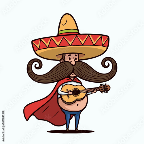 Cartoon mariachi musician playing guitar on gray background