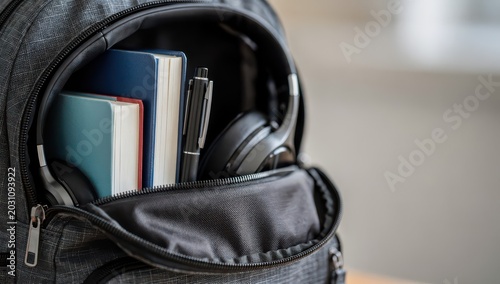 Backpack filling with study essentials for learning journey