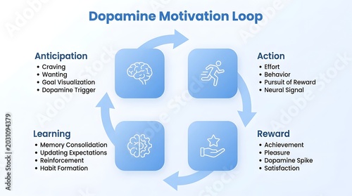 Dopamine motivation loop infographic diagram showing the four stages of anticipation action reward and learning in a circular cycle, educational concept of brain reward system and behavioral 