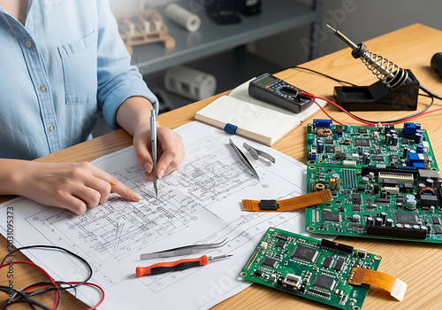 Female engineer working on electronic circuit board design and assembly at a workbench.