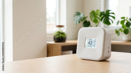 Smart air quality monitor displayed on wooden table in bright room  