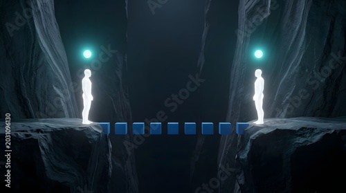 Two glowing figures connected by floating blue cube bridge across canyon representing connection, bridging gap, communication, partnership, teamwork, overcoming barriers in digital collaboration 