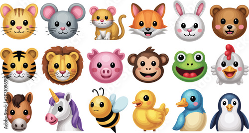 Photography Collection of 18 cute cartoon animal emoji faces for social media messaging and