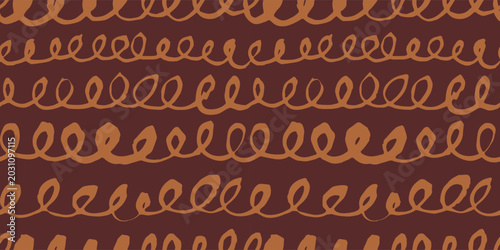 Hand drawn seamless pattern with orange abstract curly line doodles on a dark brown background