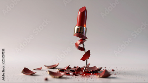 Broken red lipstick with shattered pieces
