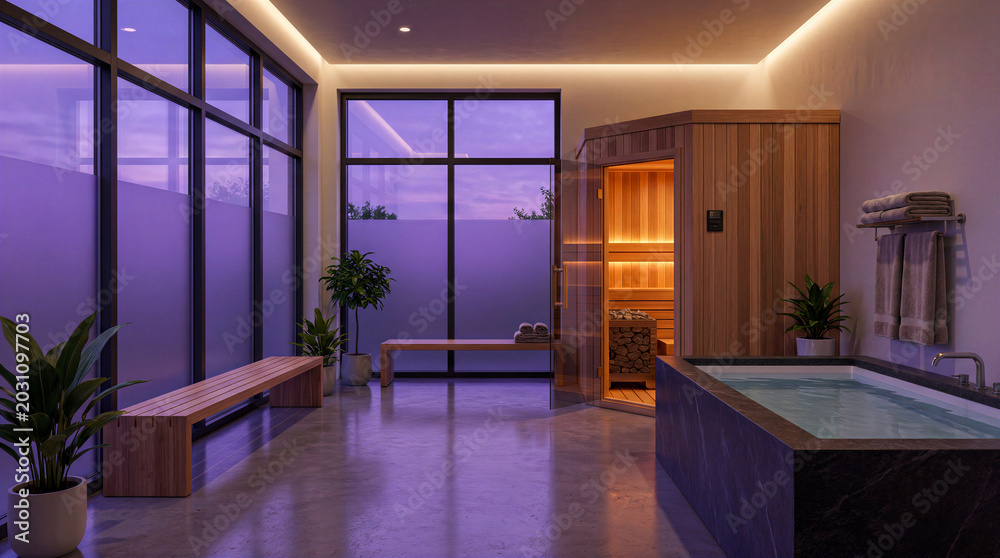 Fototapeta premium Luxurious home spa featuring sauna and cold plunge at dusk