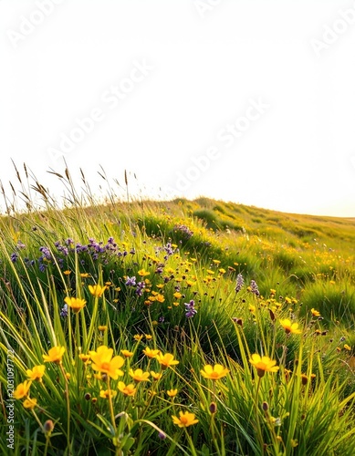 Sunlit meadow bursts with yellow flowers, purple blooms, and tall grasses