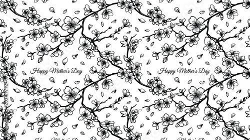 Seamless pattern with cherry blossoms and happy mothers day text, handdrawn sketch style, isolated on white background