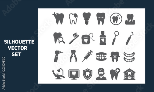 Dental silhouette vector icon set for oral health and hygiene
