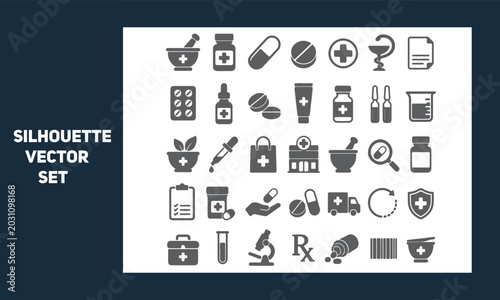 Medical silhouette vector icon set for healthcare and pharmacy design