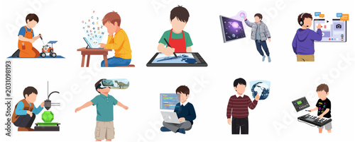 Collection of children participating in STEM activities including robotics, coding, VR, 3D printing, and digital arts illustration.