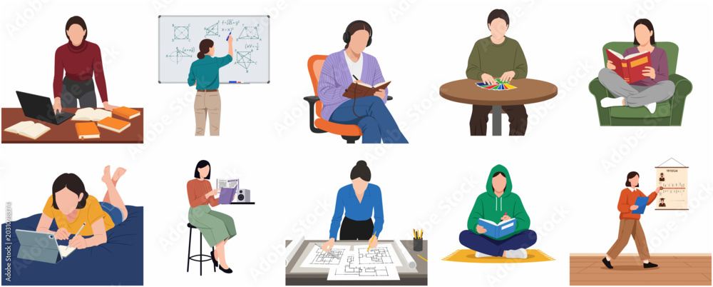 Fototapeta premium Collection of People Characters Engaged in Studying, Working, and Creative Activities Flat Vector Illustration